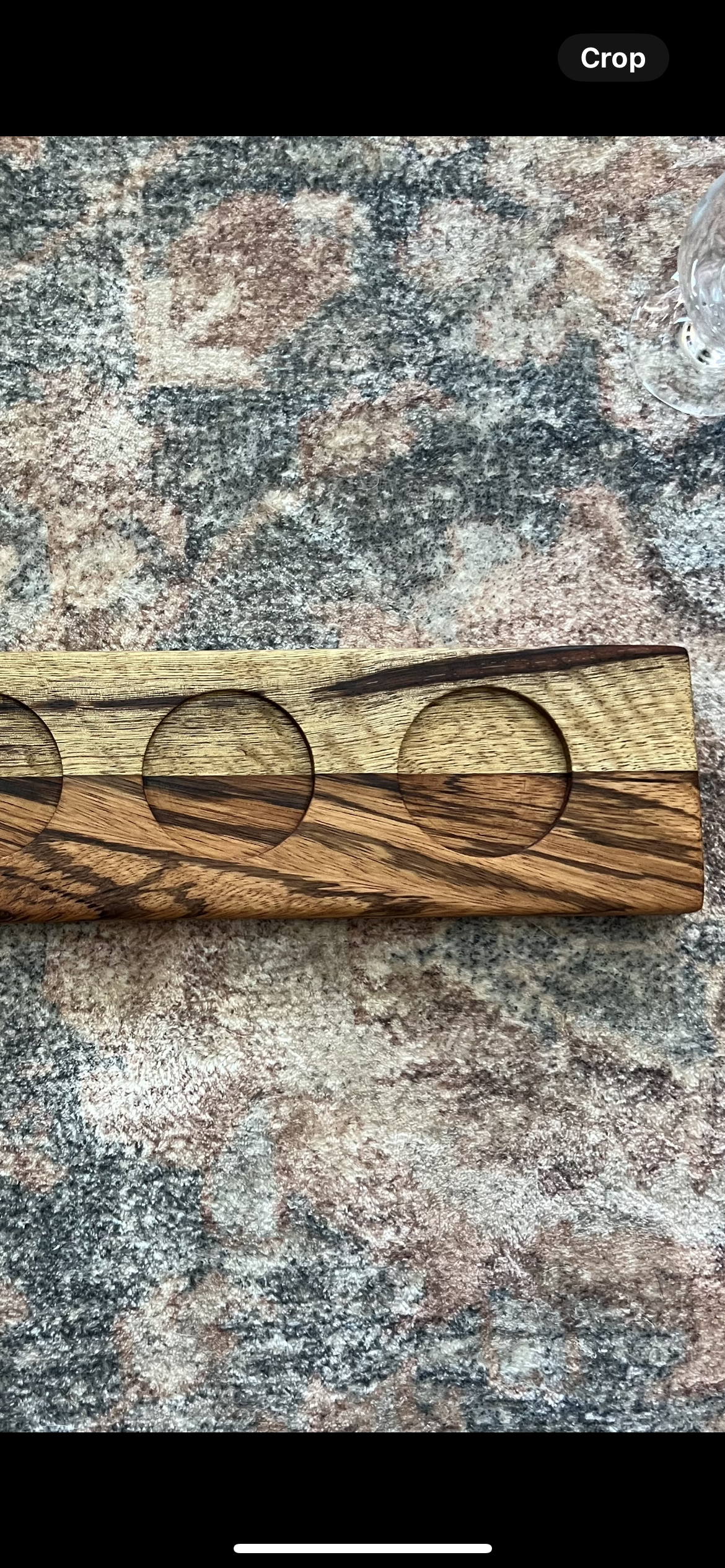 Handcrafted bourbon and whiskey flight board made from Black Limba and Zebrawood with four glass carafes 3