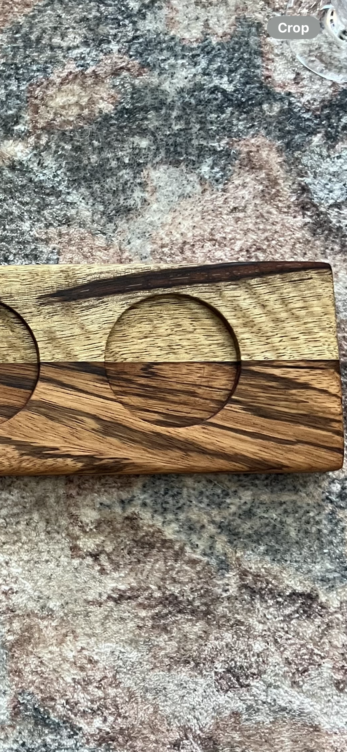 Handcrafted bourbon and whiskey flight board made from Black Limba and Zebrawood with four glass carafes 4