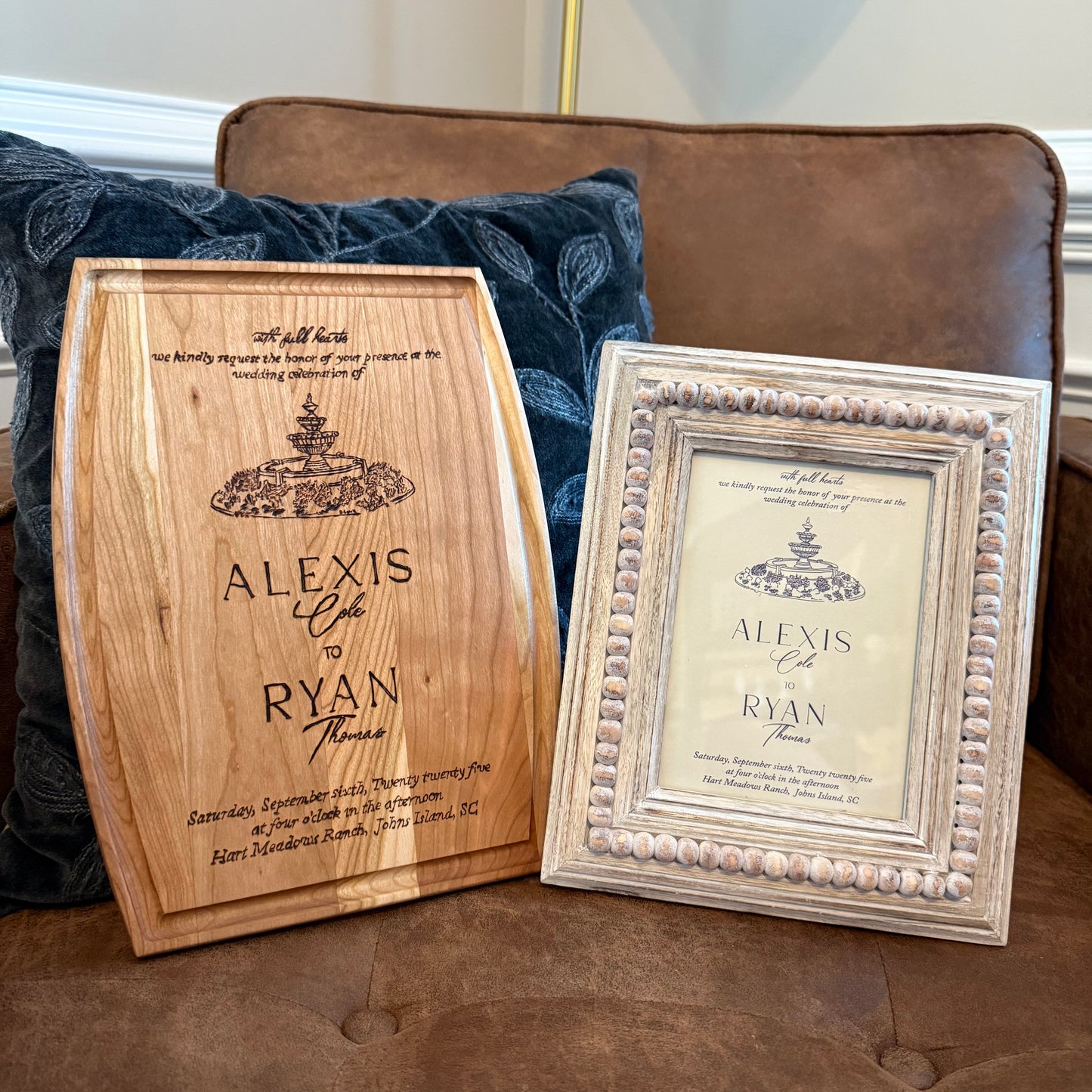 Alexis and Ryan wedding invitation board with picture frame