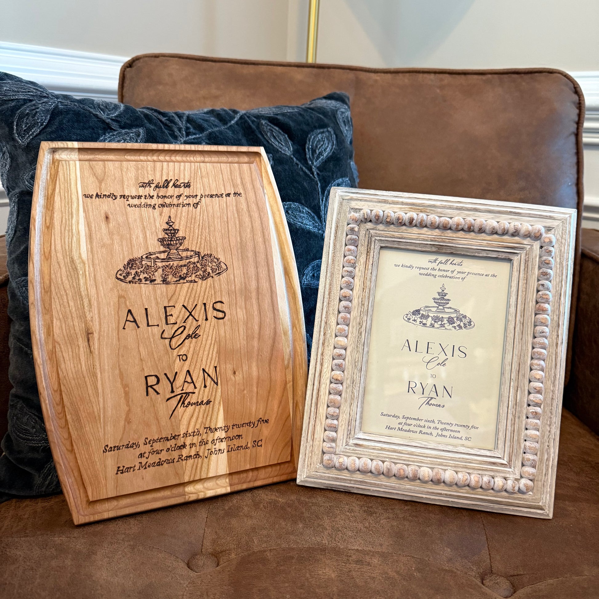Alexis and Ryan wedding invitation board with picture frame