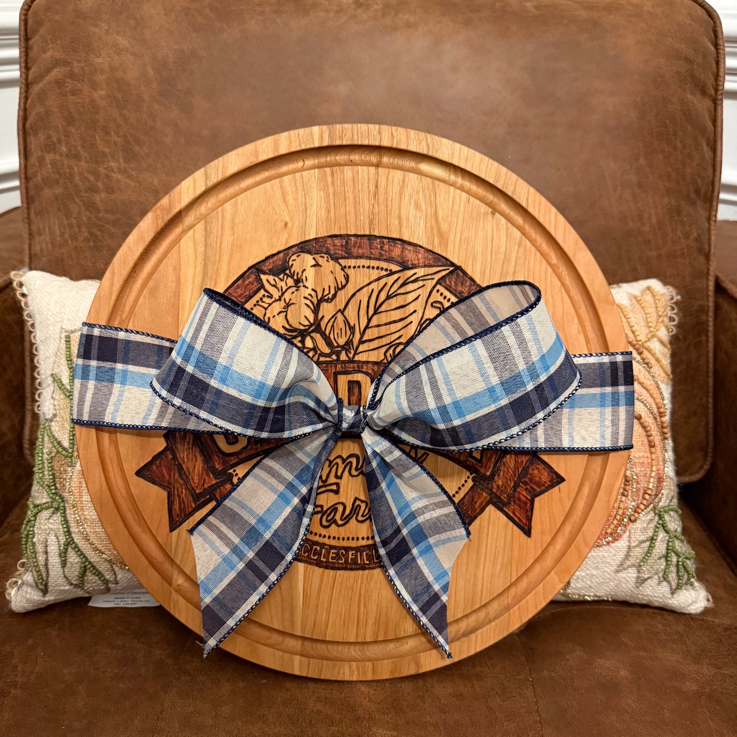 Gardner farms logo on round cherry board 2