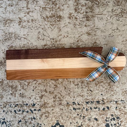 Handcrafted Walnut, Maple & Cherry Charcuterie Board – rounded handle