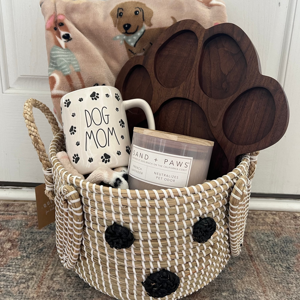 walnut paw print tray, with throw blanket, dog mom cofffee cup, candle