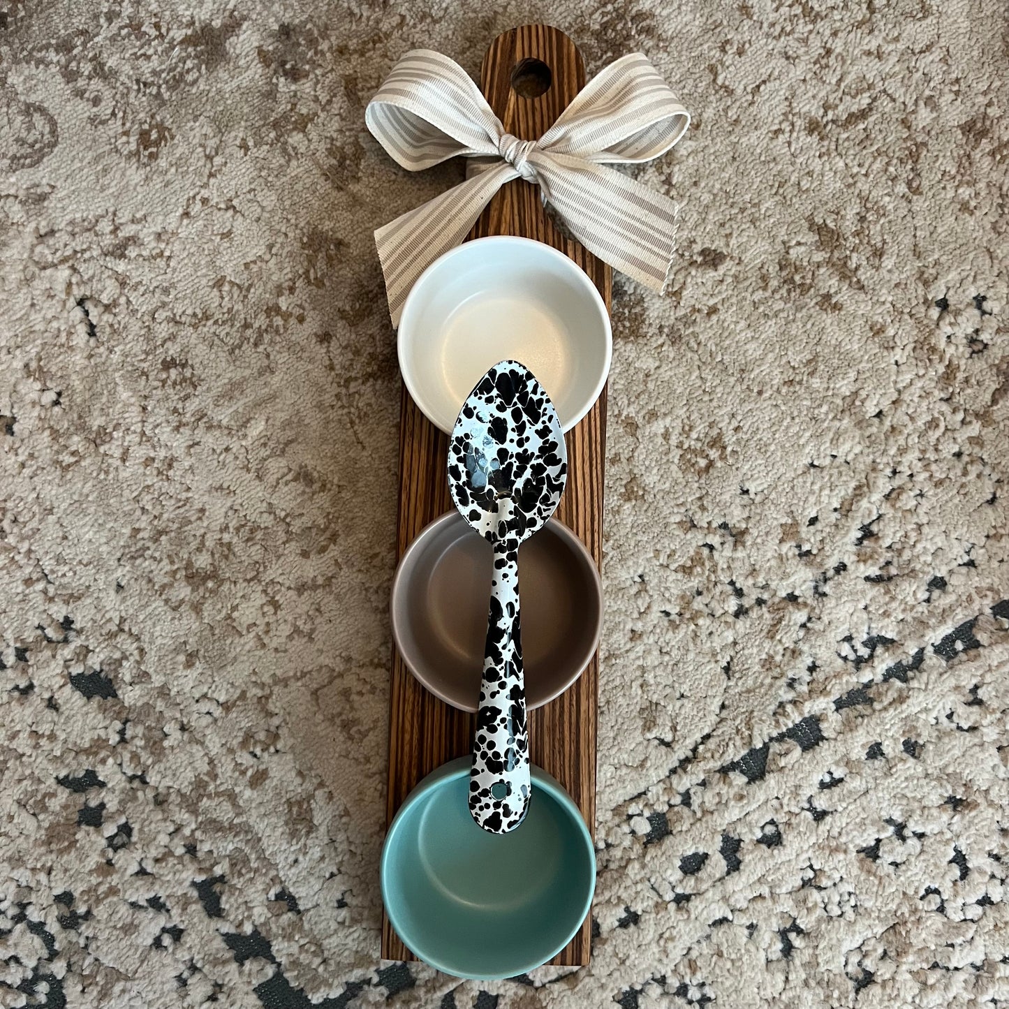 17.5" x 4" zebrawood board with 3 colorful dipping bowls and cowprint enamel spoon, tied with a neutral striped bow